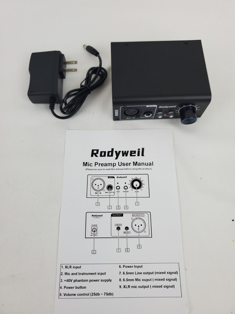 Microphone Preamp Mic Gain Booster with 2 Input Max 75db Gain 48V Phantom Power