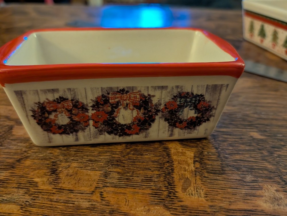 Two Miniature Ceramic Loaf Pans Christmas