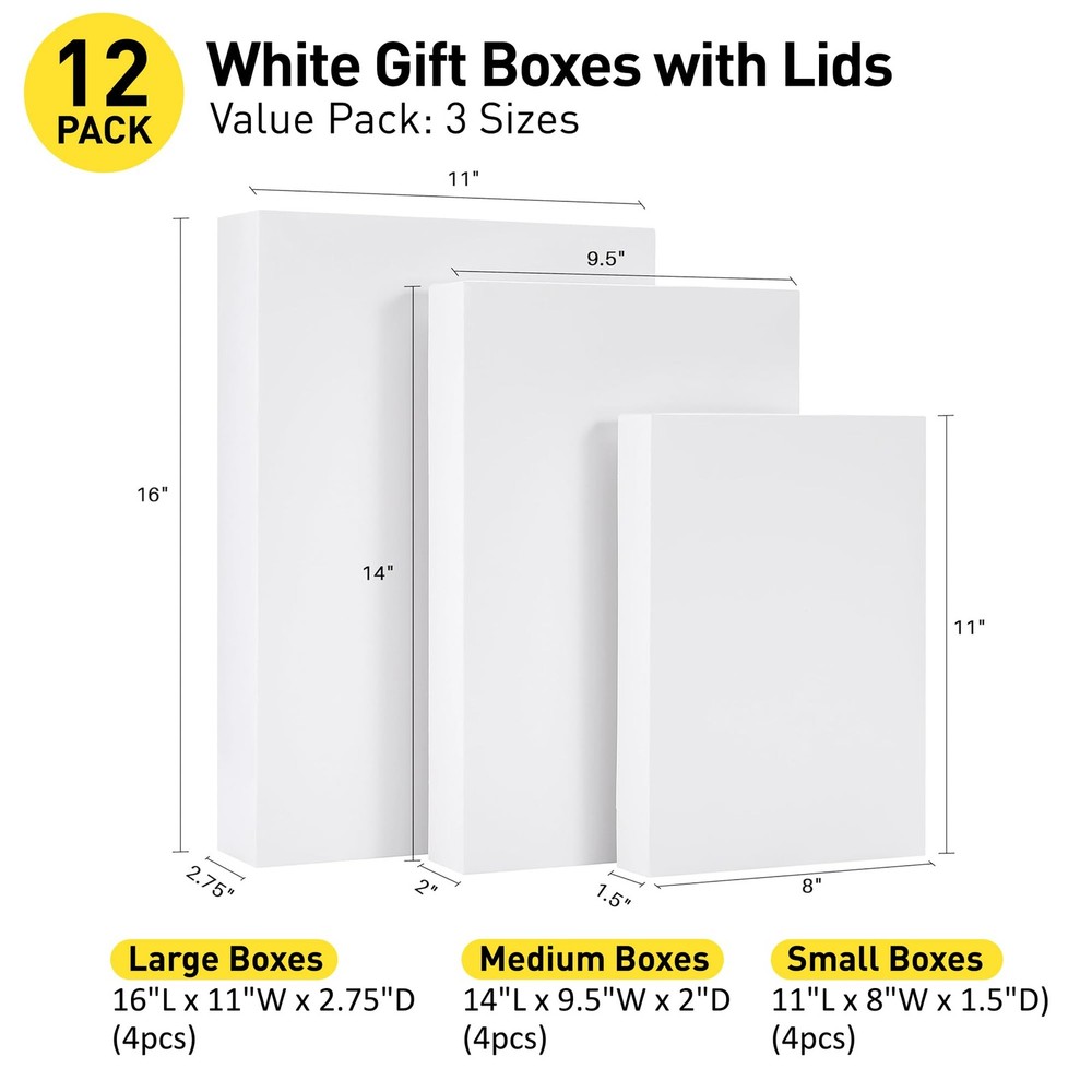 12 Pack White Gift Boxes with Lids Assorted Sizes (4 Boxes 11", 4 Boxes 14", ...