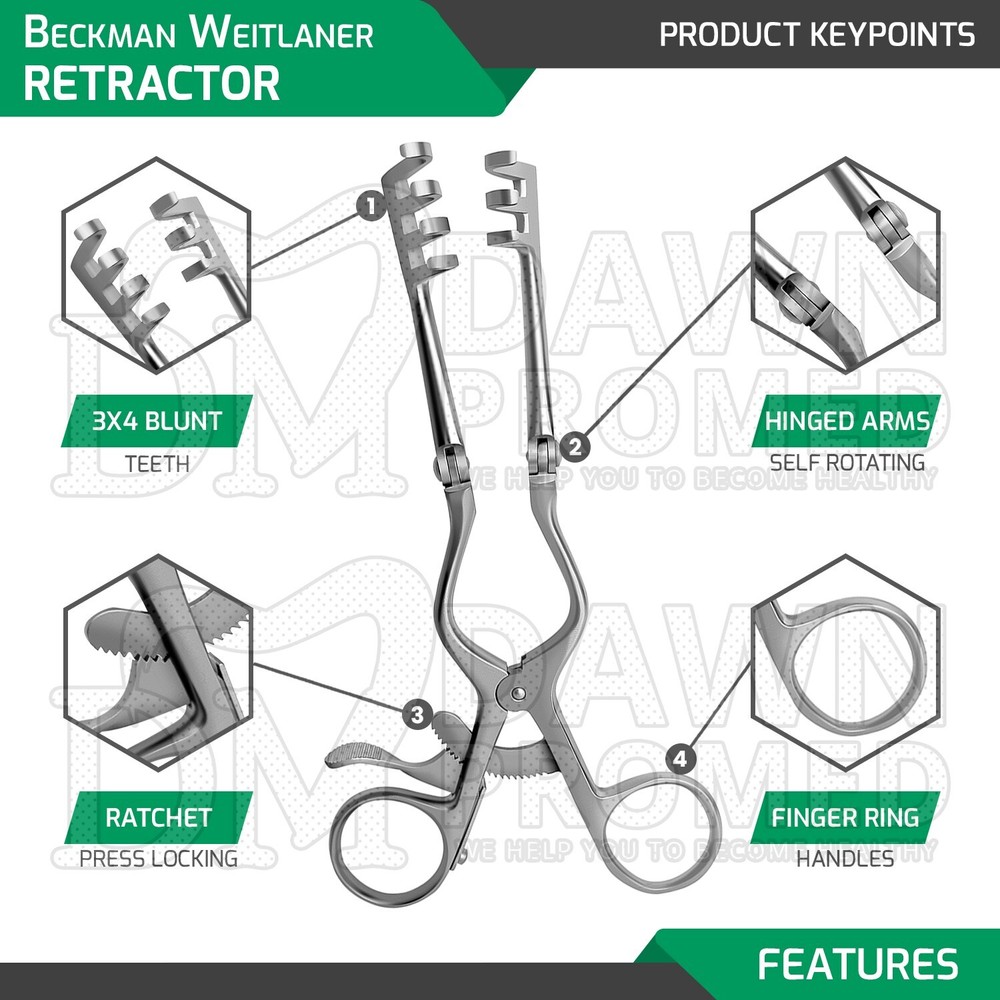 Beckman Weitlaner Retractor 6.5" 3x4 Blunt Hinged Blades Surgical Instruments