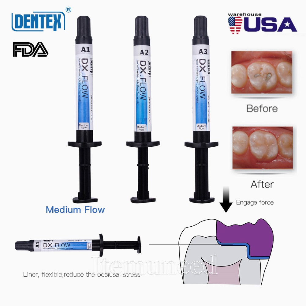 DENTEX DX.FLOW Dental Flowable Light Cure Composite Resin 3g/Kit Medium Flow
