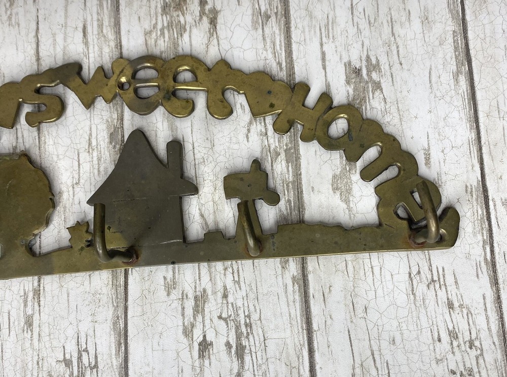Small Brass House and Tree Key Ring Holder Kitchen Wall Hooks Decor