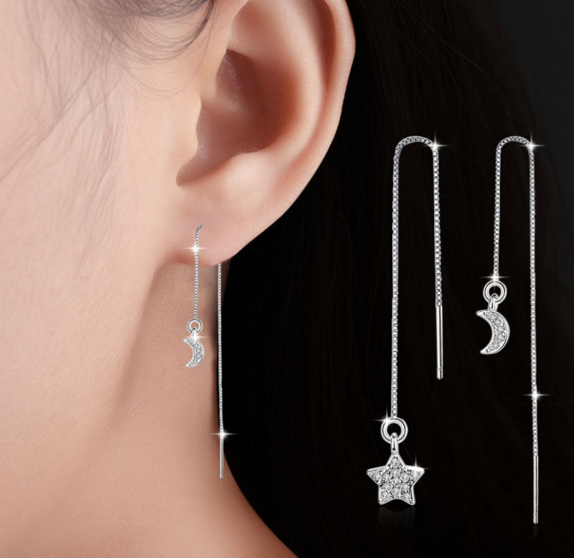 925 Sterling Silver Plated Moon Star CZ Ear Thread Through Threader Earrings P1