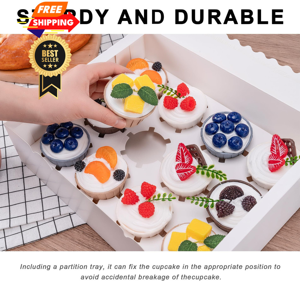 LingengDa 12 Count Cupcake Boxes, 4PCS Container with Window, White