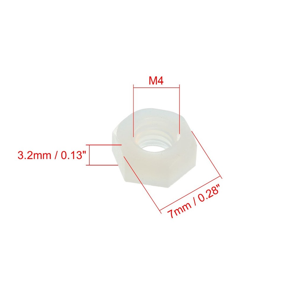 Hex Nut, Nylon M4x0.7mm Thread Hexagon Nuts White 30pcs