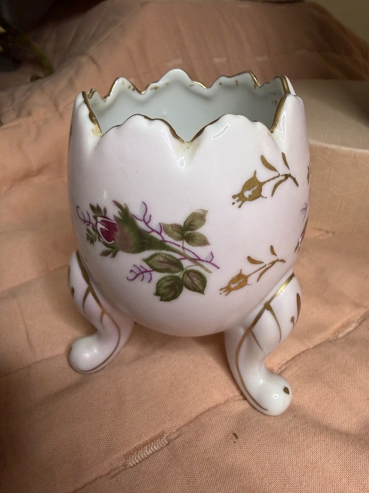 Ceramic Egg-Shaped Three-Legged Planter Hand Painted Floral Roses Gold Trim