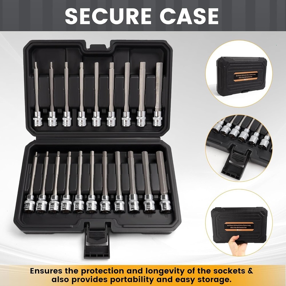 Durable Chrome Vanadium 20PC Allen Hex Bit Socket Set with Protective Case