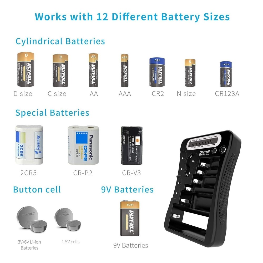Universal LCD Battery Tester for AA AAA C D 9V & Button Cells - Compact & Quick