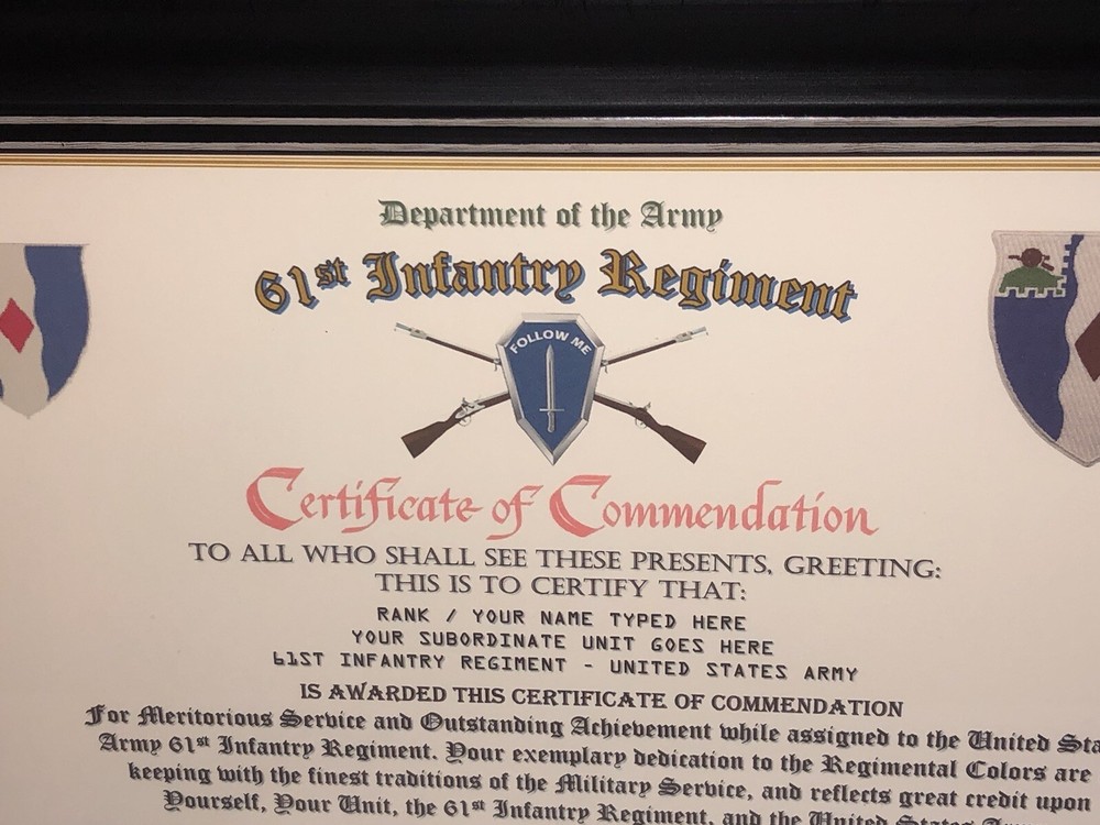 61ST INFANTRY REGIMENT / COMMEMORATIVE - CERTIFICATE OF COMMENDATION