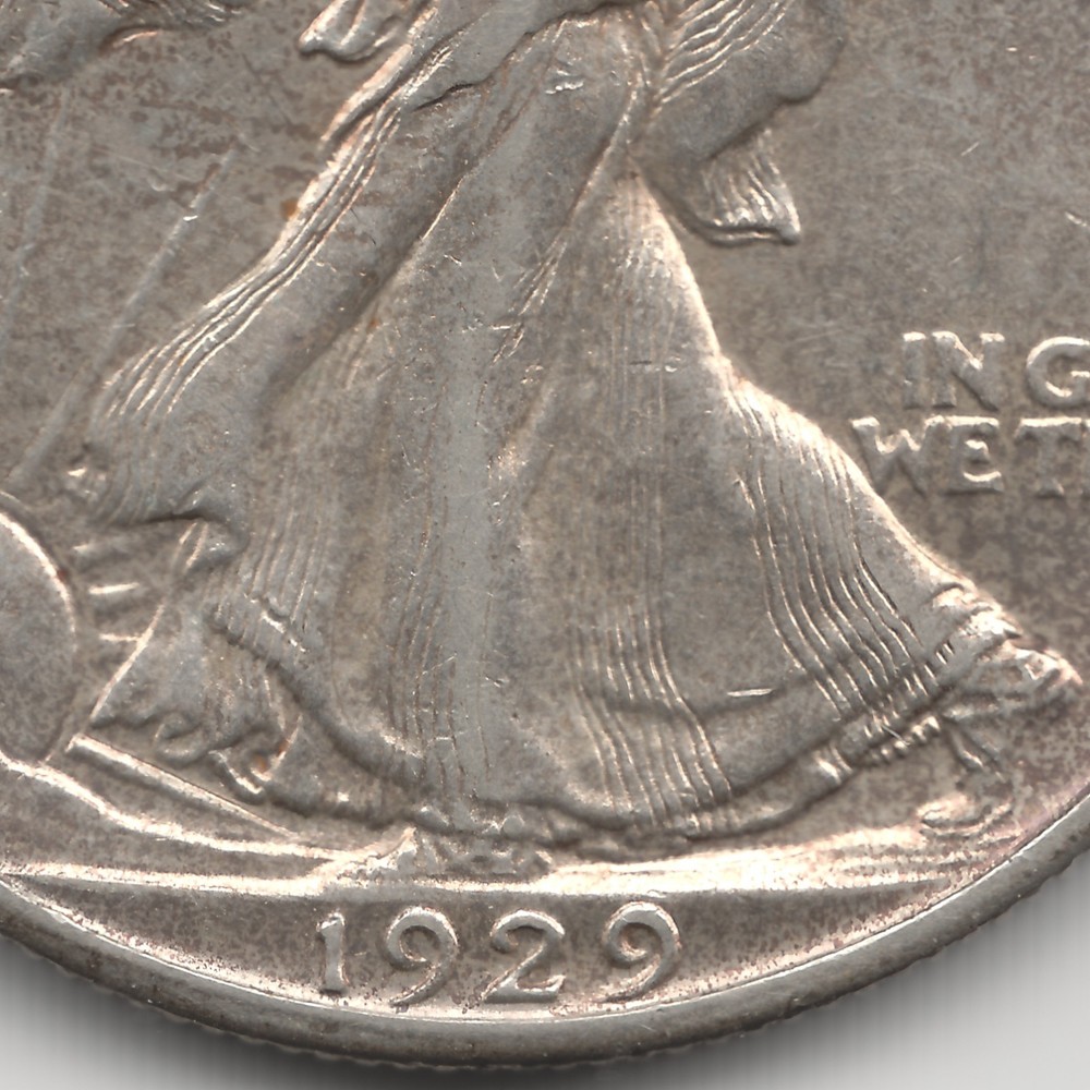 1929 S Walking Liberty Half Dollar, AU, toned