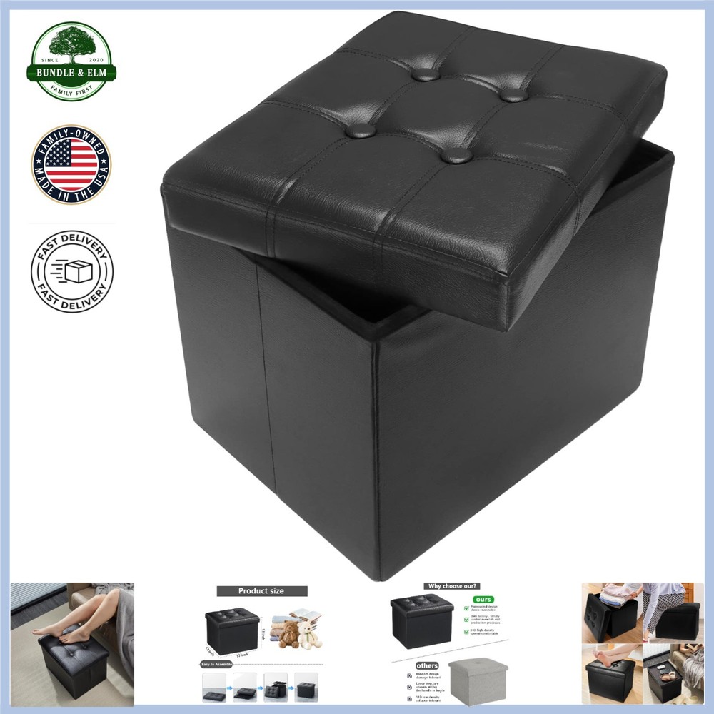 Compact Rectangular Footstool with Storage, Leather Upholstery, 17 x 13 Inches
