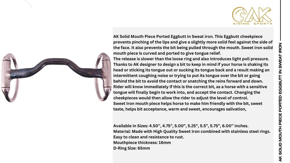 AK Solid Mouth Piece Ported Blue Silver Eggbutt in Sweat iron Horse Bit