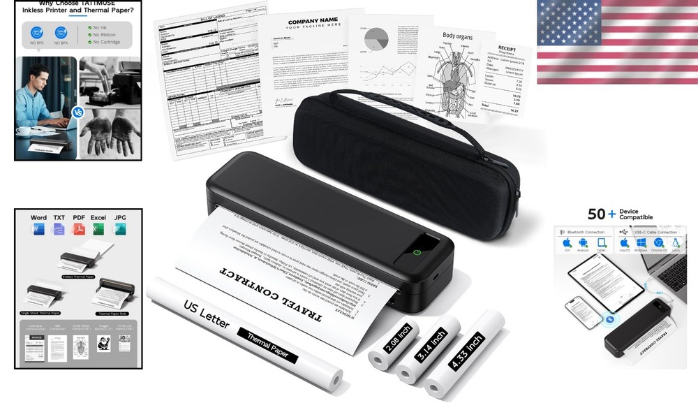 Inkless Bluetooth Thermal Printer with 4 Rolls Paper