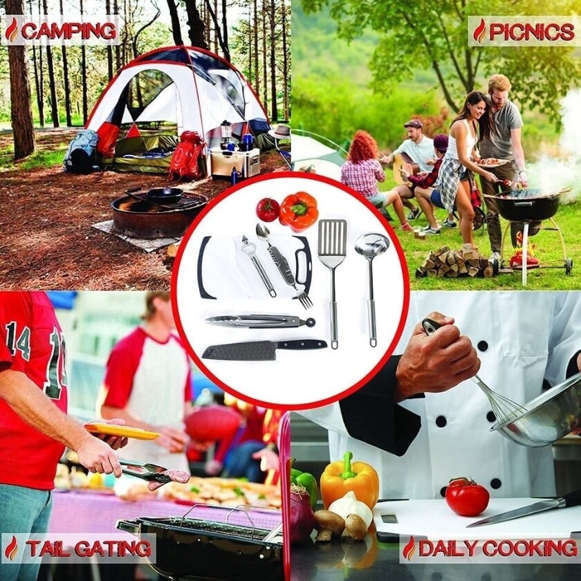 Camping Utensils Cooking Set, Camping Cookware with Kitchen Knife- Orange