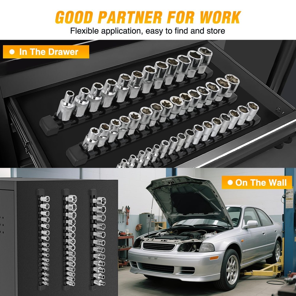 Socket Organizer Set for 1/4", 3/8", 1/2" Drive 3 Piece Tool Holder Rails