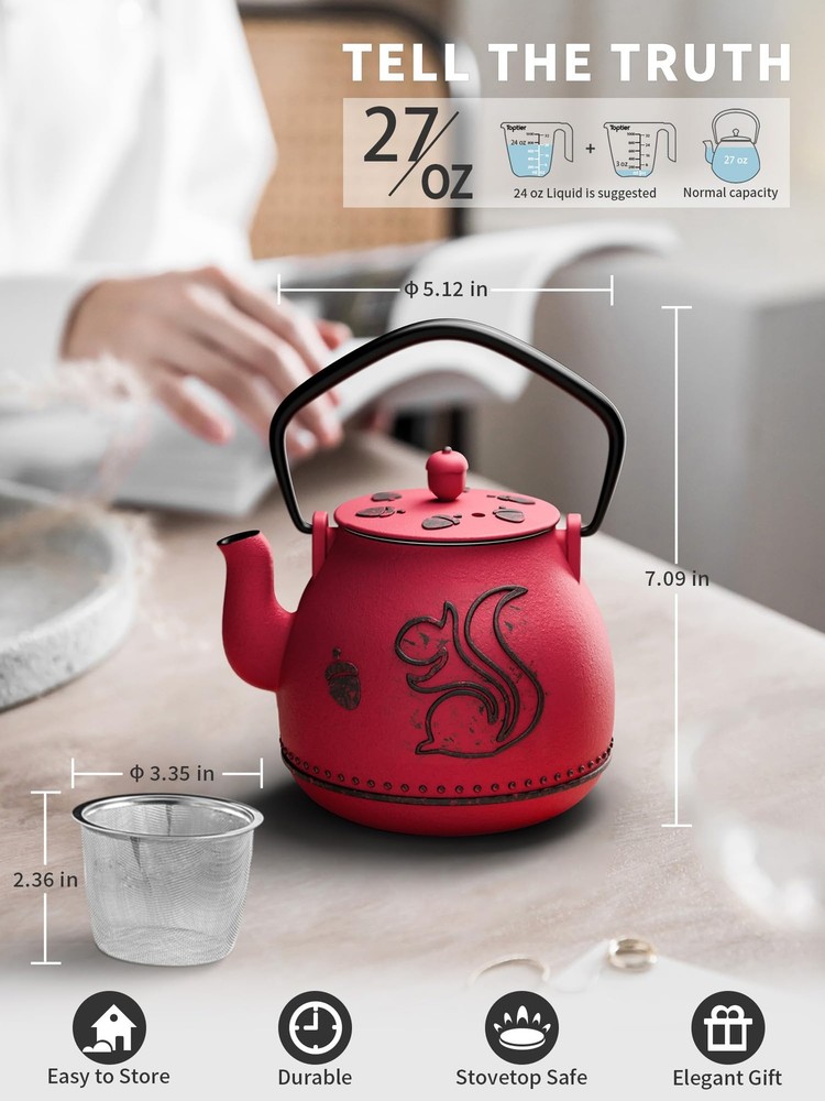 Cast Iron Tea Kettle with Removable Infuser 32 Ounce Squirrel Design Red