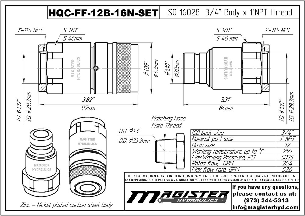 3/4″ Flat Face Hydraulic Quick Couplers Set - 1″ NPT Thread