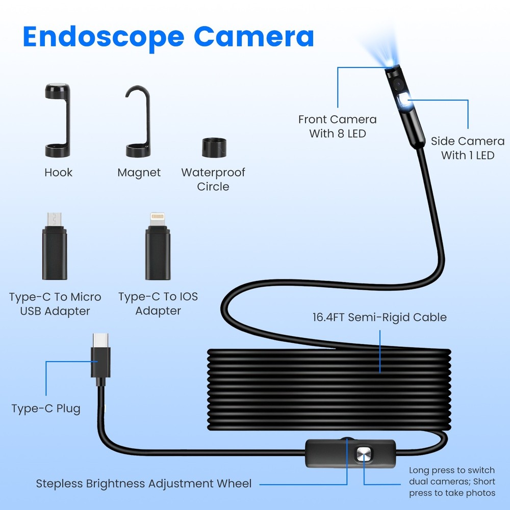 Endoscope Camera w/ Light 1920P HD Inspection Borescope Tool APP Control Camera