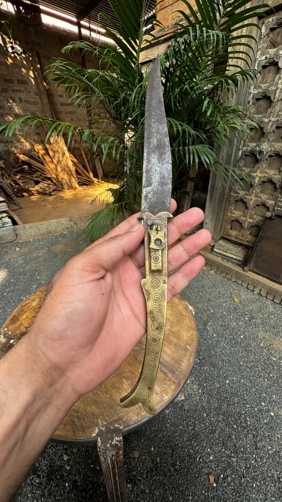 Vintage Hand Forged Brass Handle Fish Shape Switch Open Iron Blade Folding Knife