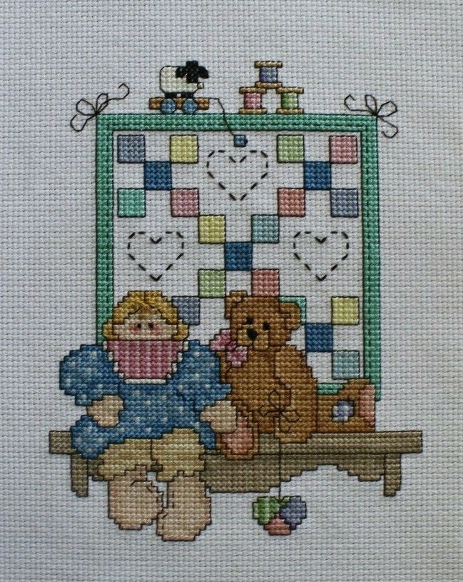 Teddy Bear on Shelf Quilt Cross Stitch Completed Finished