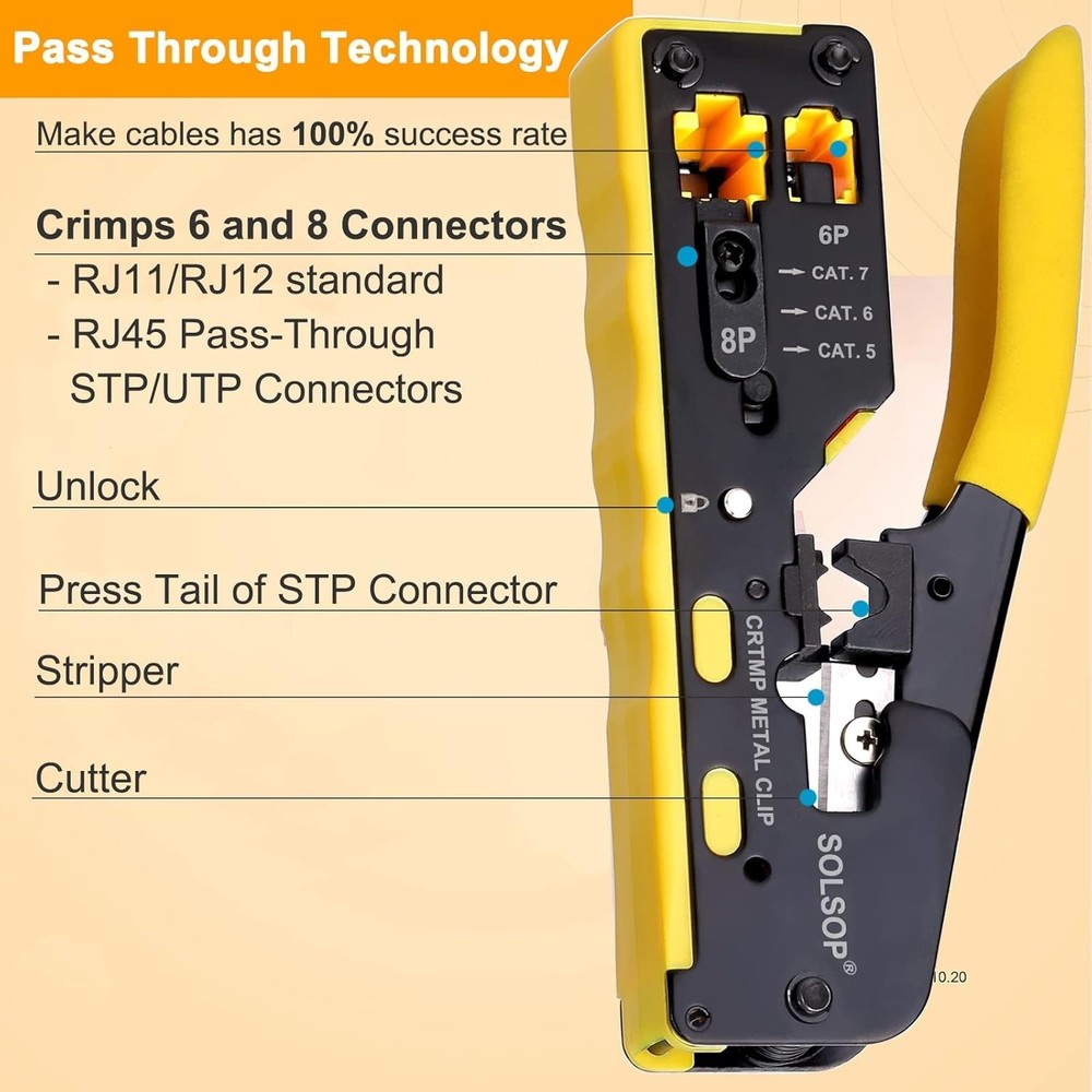 Professional Ethernet Crimping Tool with Network Tester and 50 Connector Boots