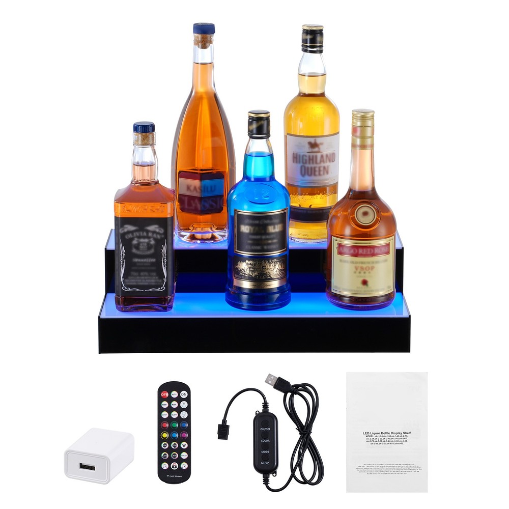 LED Lighted Liquor Bottle Display Shelf, RF & App Control, 16" 2-Steps, Acrylic
