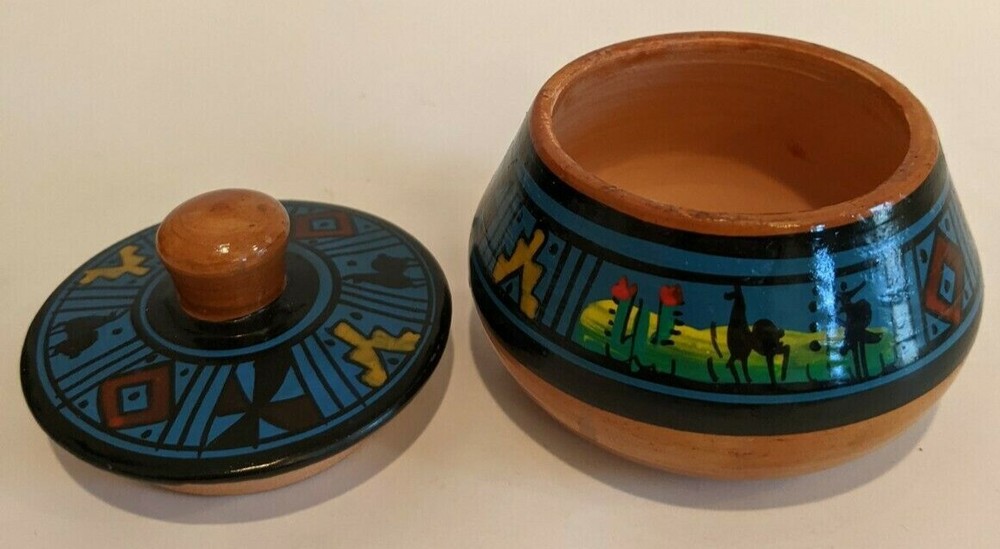 Bright Color Tiny Lidded Hand Painted Fired Clay Jar Southwestern 