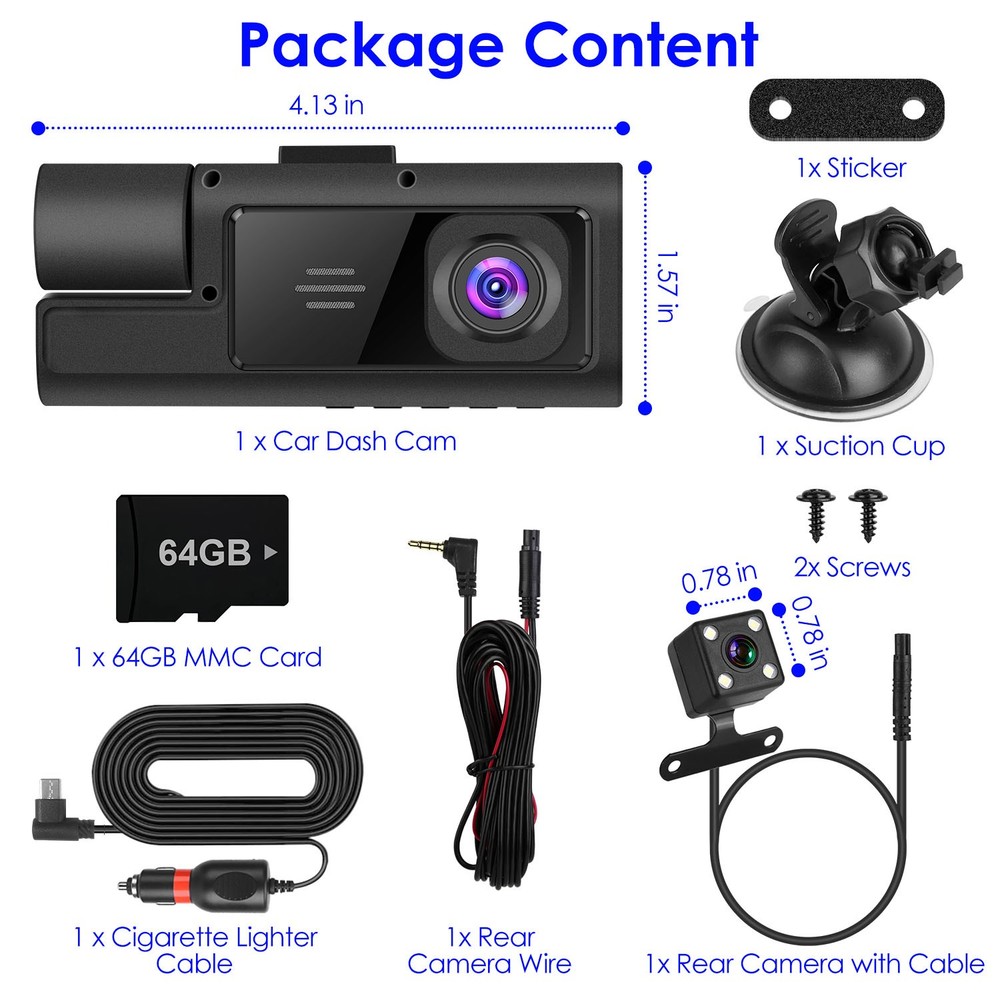 3 Channels 1080P HD Dash Cam WiFi 170° Front Rear Inside Camera & App Control