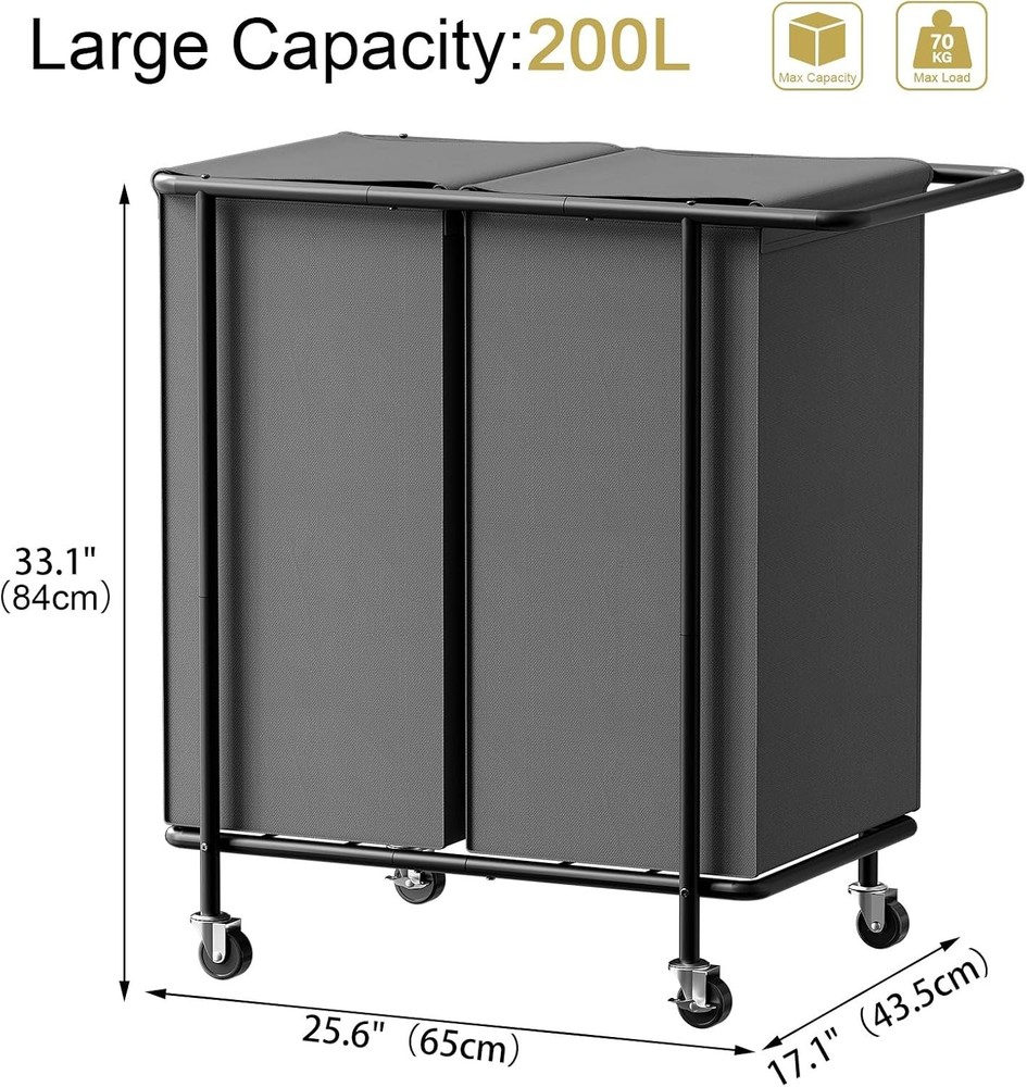 Double Laundry Hamper W/ Wheels,200L Rolling Laundry Basket 2 Section