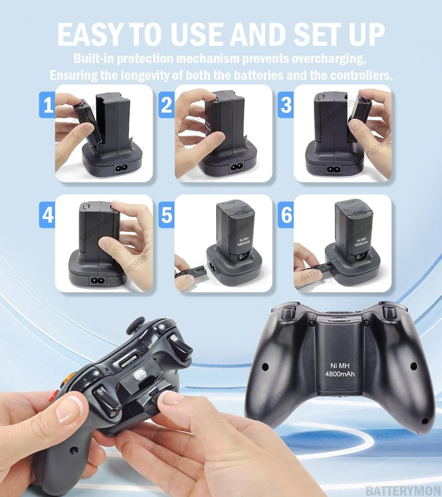 2 Battery Pack & Charger Dock For Microsoft Xbox 360 Wireless Controller Black