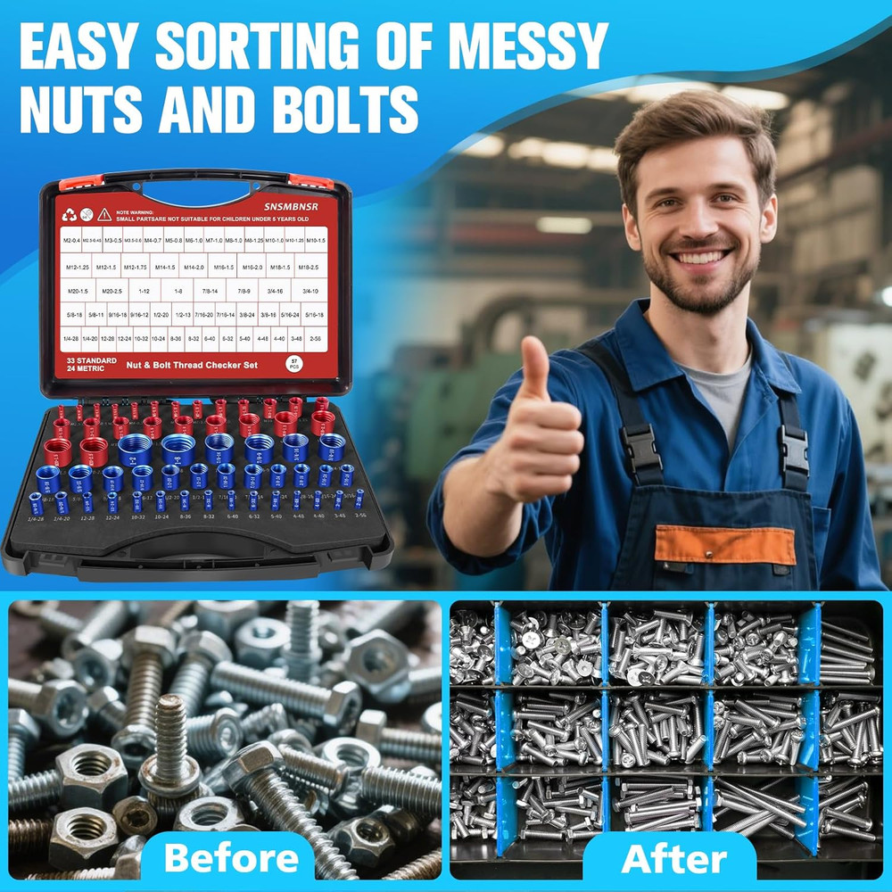 57Pcs Thread Checker, Nut and Bolt Thread Checker 33 Standard and 24 Metric Set,