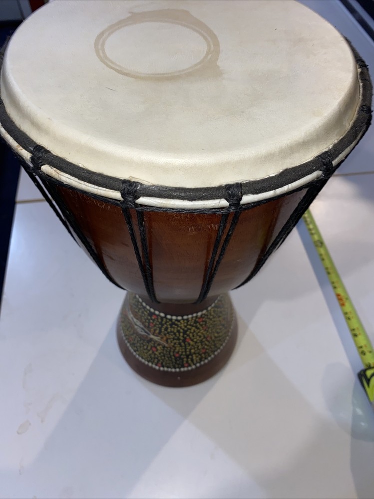 Hand Carved Djembe Solid Wood Hand Painted Python, Carrying Strap, Great Sound