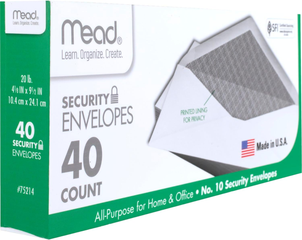 Mead #10 Security Envelopes with Printed Lining for Privacy
