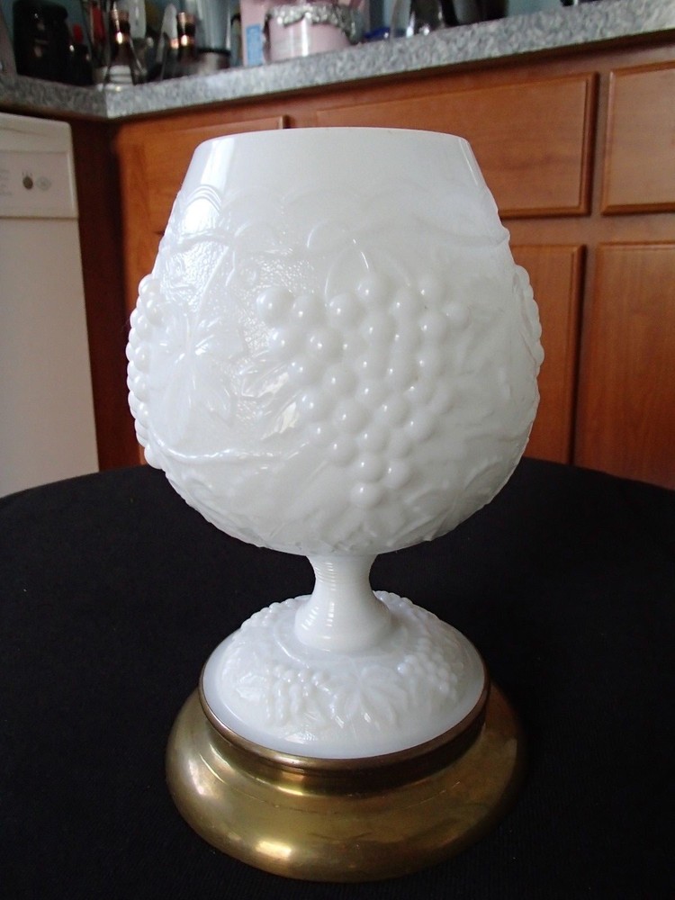 WHITE MILK GLASS GRAPE DESIGNED GOBBLET WITH RARE BRASS BASE