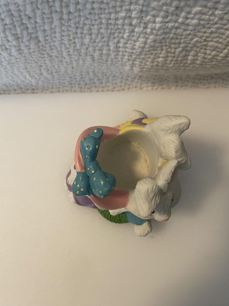 Vtg Handpainted Giftco Ceramic Easter Bunny Faces Candy Flower Holder Decor