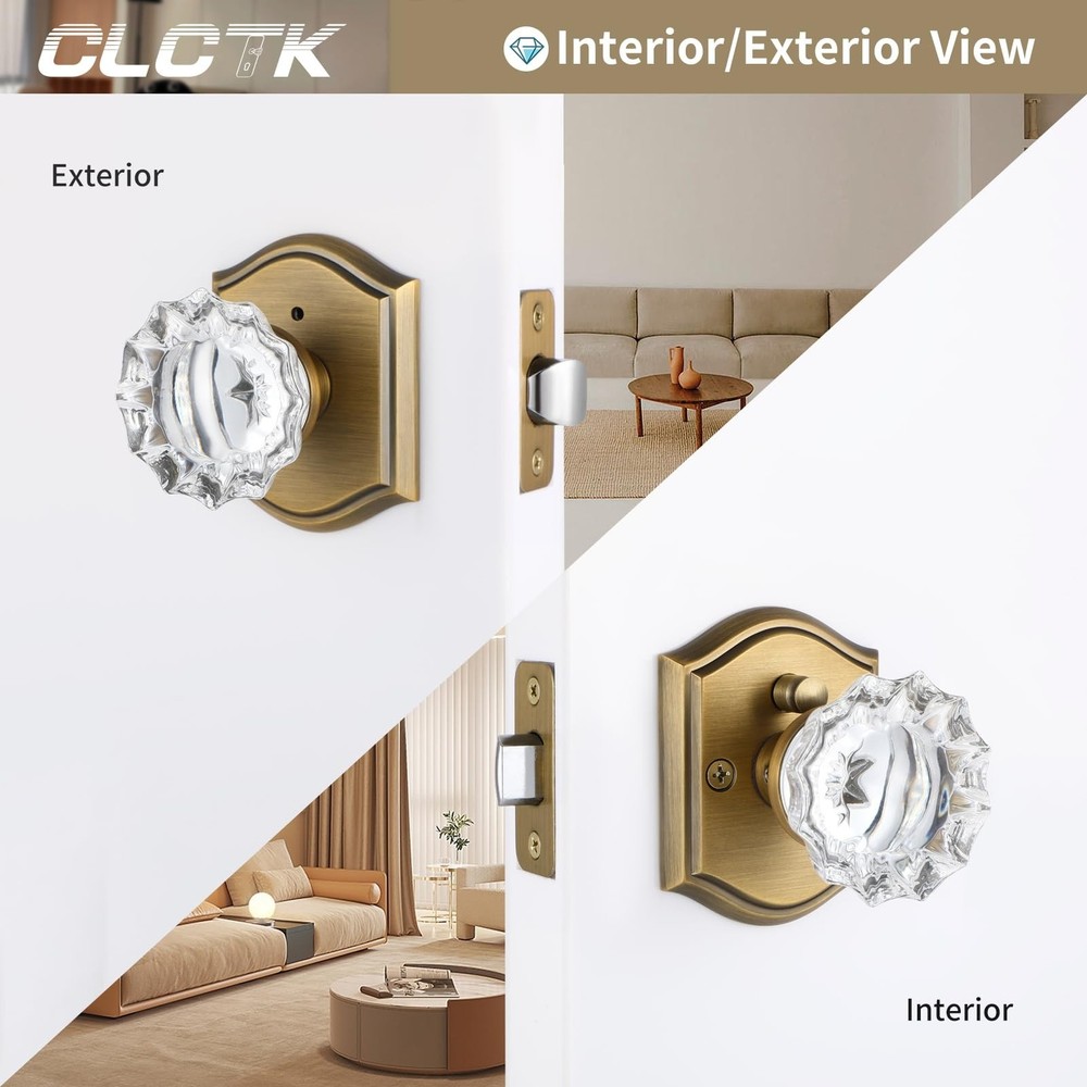 Glass Door Knobs Interior, Vintage Style Privacy Crystal Door Knobs with Lock...
