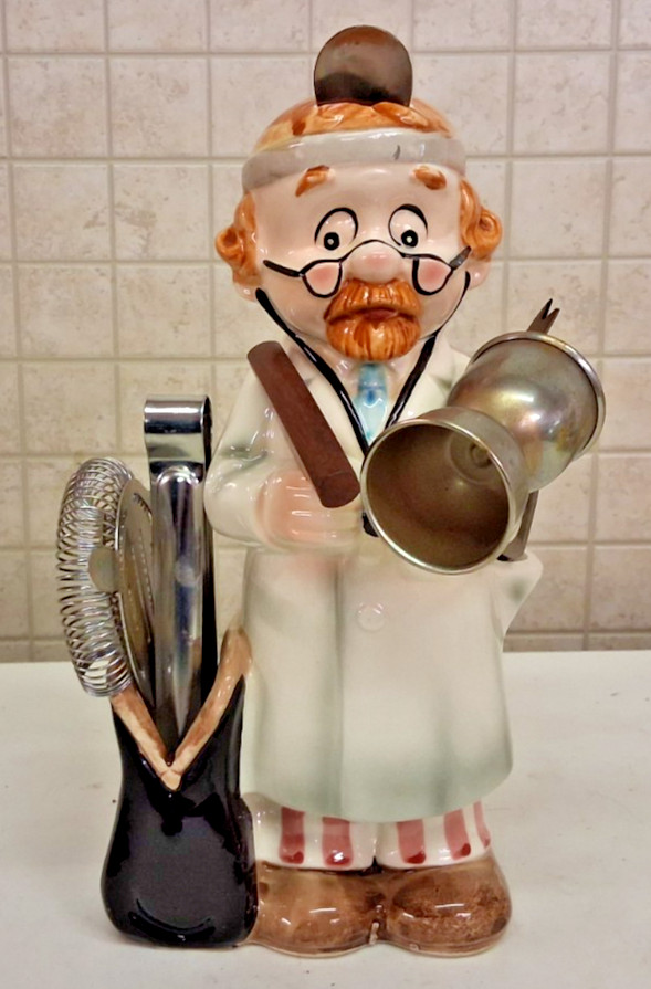 Vintage Cereamic Doctor Themed Bartender Caddy With Bartending Tools