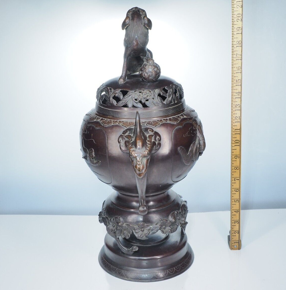 Large Antique Bronze Chinese incense burner censor, 21" tall signed