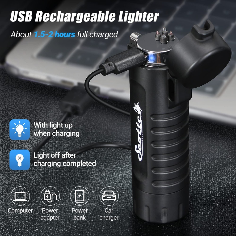 Scotte Plasma Windproof Electric Lighter & Flashlight 2 Piece Set, Black,