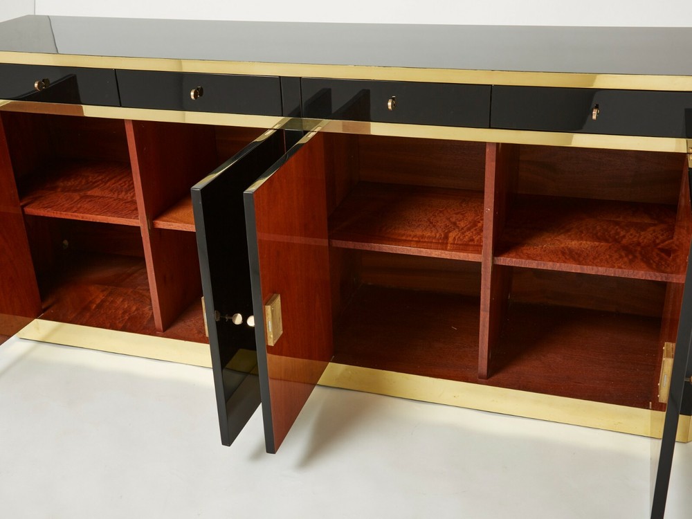 Signed J.C. Mahey brass black lacquered sideboard 1970s