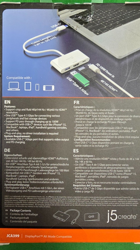 j5 Create USB-C to HDMI JCA399 (D2) with power delivery 100w NEW (e4)