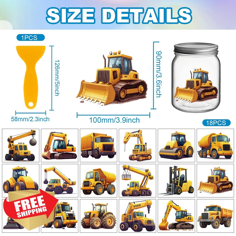GLOBLELAND 18 Sheets Construction Vehicle Rub On Transfer Stickers