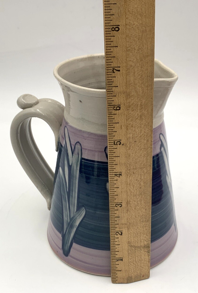 Hand Made Hand painted Pottery Pitcher Signed WP Blue Lavender White Leaves