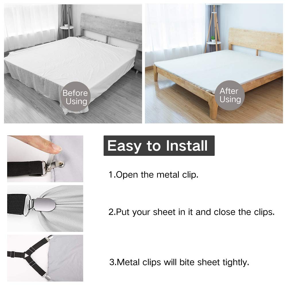 Foloda Sheet Holders, 4 pcs Adjustable Bed Sheet Straps, Fitted Sheet Holder Cli