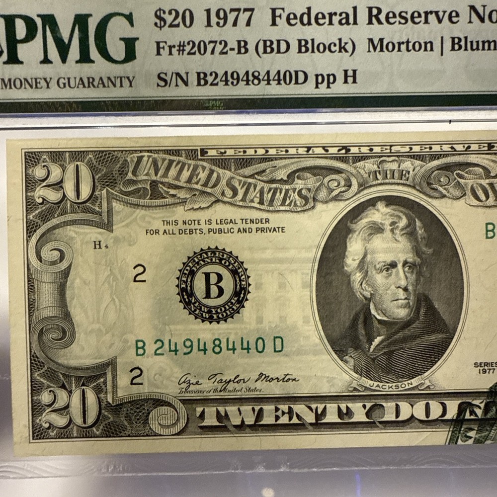1977 $20 New York - Error Printed Fold - Graded PMG 58 EPQ