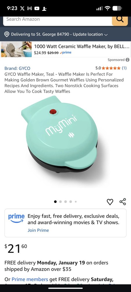 Blue MyMini Waffle Maker Machine for Individual Waffles