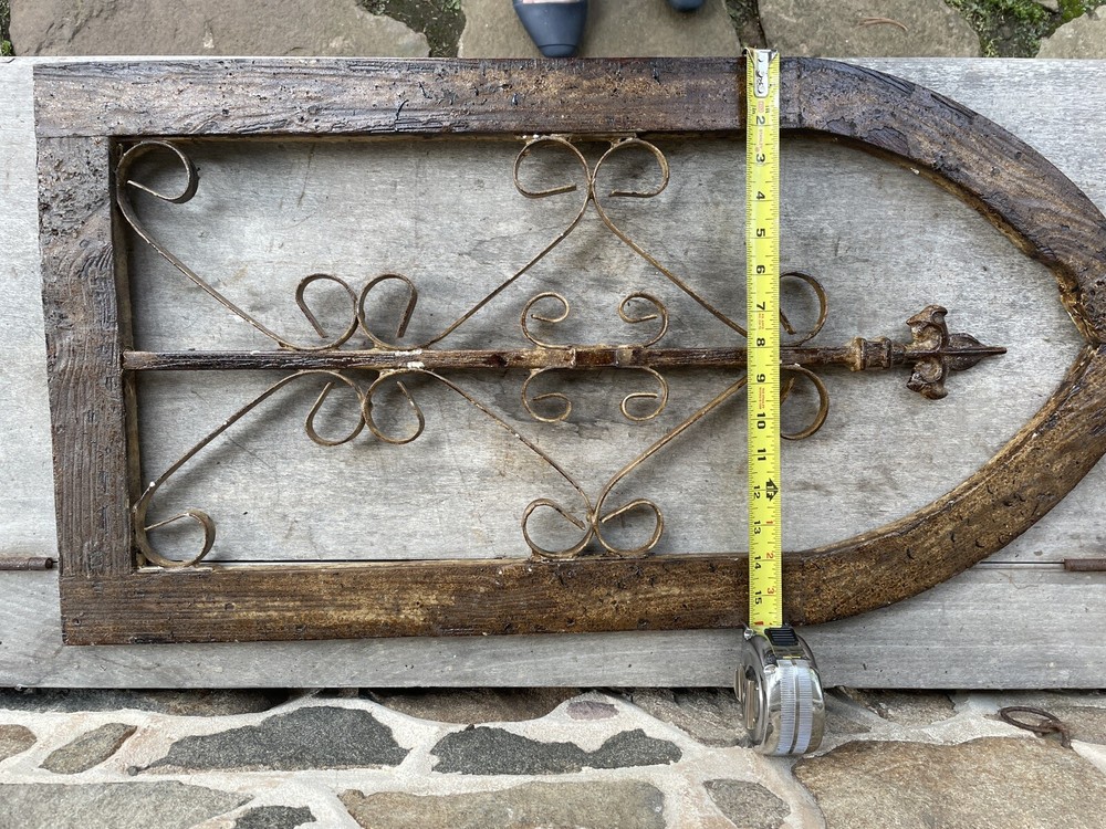 Antique Wood Church Window Frame Iron Scrollwork