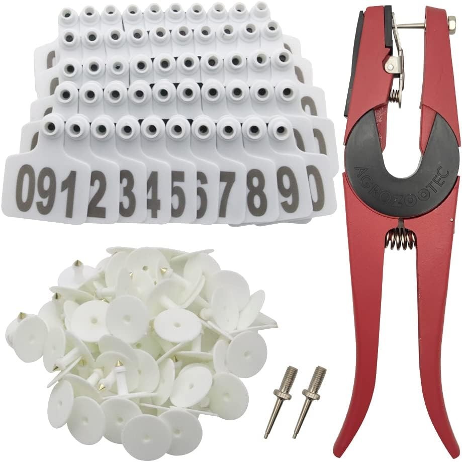 Livestock Identification Tags Kit: 100 Durable White Tags & Applicator Included