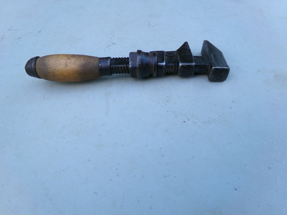 Pipe Wrench 6 3/4" Adjustable Wooden Handle Vintage Tool