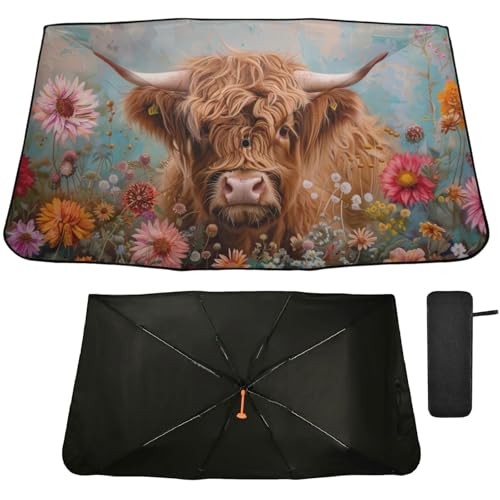 Windshield Sun Shade Umbrella Highland Cows Florals Foldable Car Front multi 9